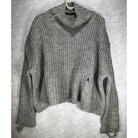 ZARA Chunky Knit Distressed Gray Mock Neck Oversized Sweater Women’s Size Small - Picture 1 of 7